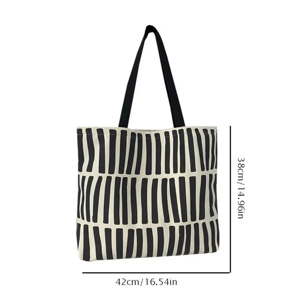 Simple Line Print Canvas Tote Bag Zipper Cloth Large Capacity Tote Bag Korean Style Shoulder Bag Reusable Shopping Bag Shopping
