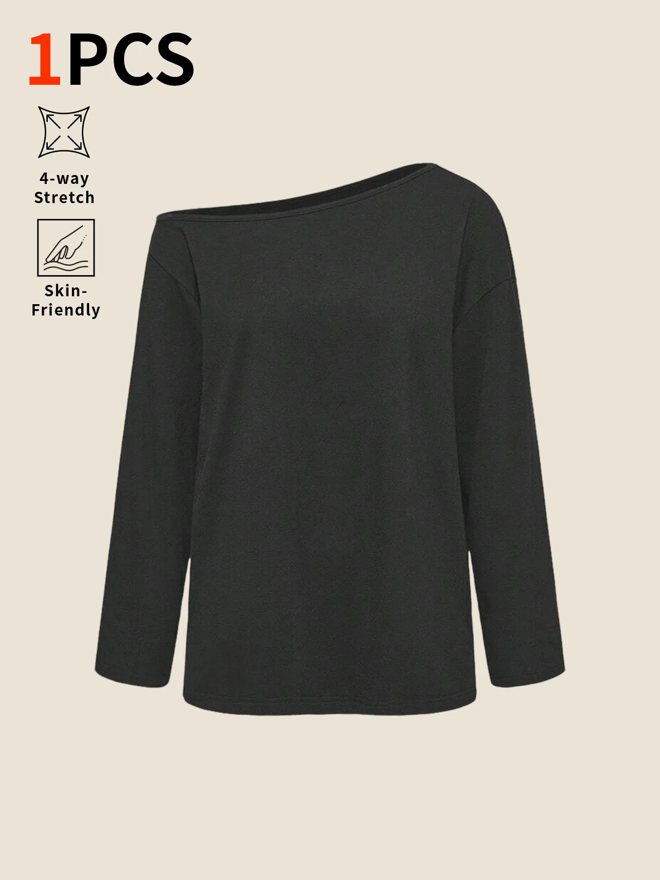 Slightly-sloped shoulder solid-color loose-fitting long-sleeved top - casual and simple base layer shirt