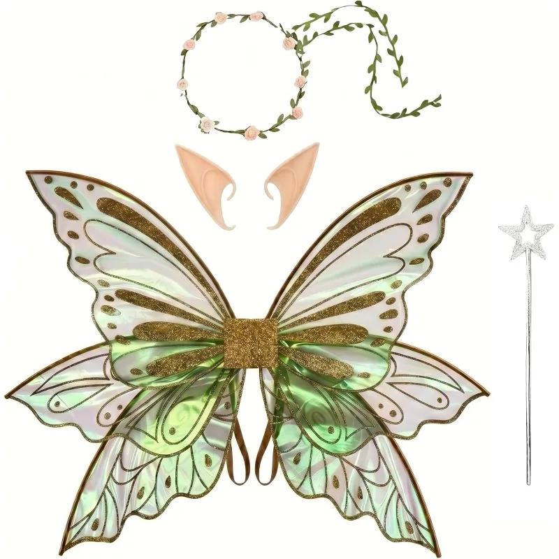 Adult Butterfly Wings 4 pcs Shiny Fairy Wing Elf Ears Stick Garland Set Halloween Costume Accessory for Ideal for Cosplay Party