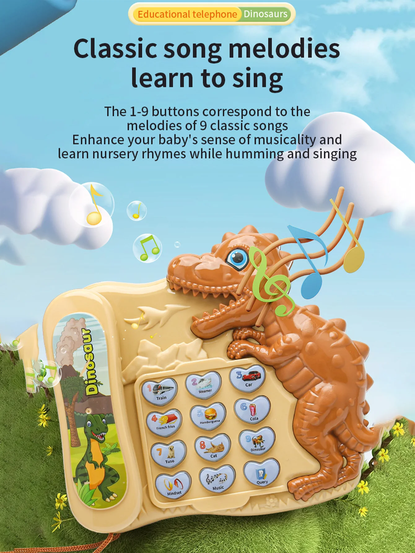 This is a dinosaur shaped mobile phone toy, a multifunctional luminous light music toy suitable for children's gifts