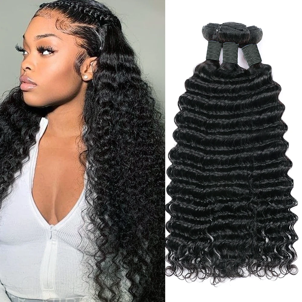 Deep Wave Human Hair Bundles 3/4 Bundles Deal Malaysian Hair Weaves 100% Rew Curly Human Hair Extensions 10-40 inch Remy Hair