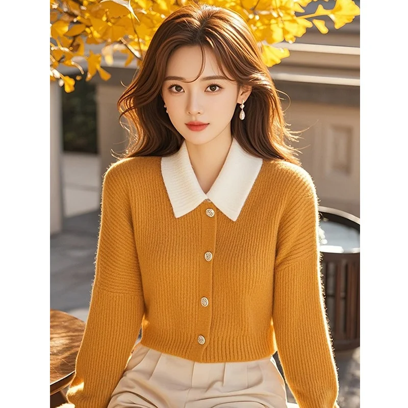 Autumn Winter Chic Patchwork Turn-down Collar Swearers Women's Clothing Loose Soft Casual Knitted Cardigan