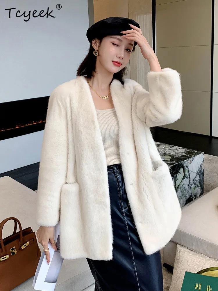 

Tcyeek Natural Mink Coat Women Clothes 2026 Fashion Womens Coats Real Fur Warm Winter Jacket Mid-length V-neck Пальто Женское