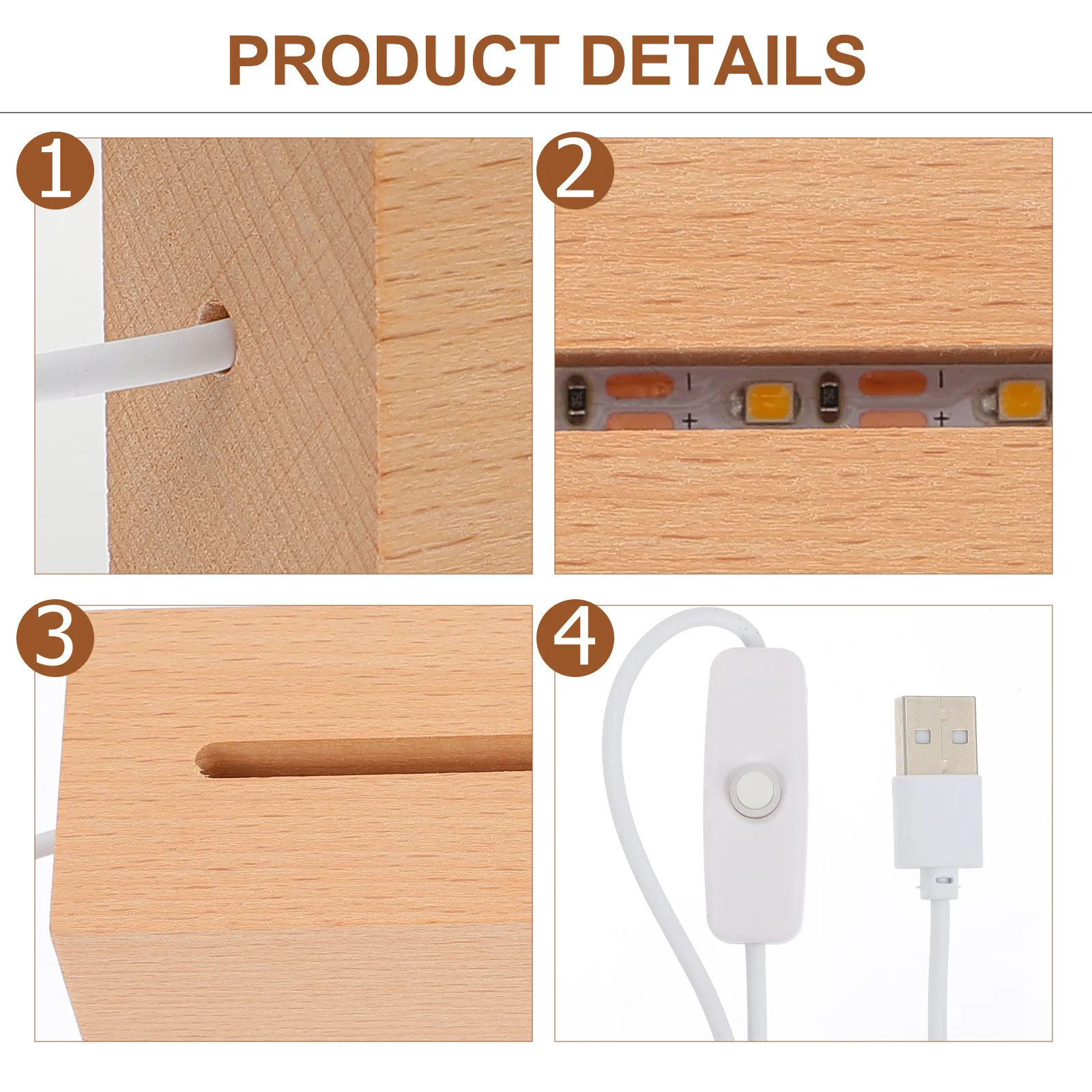 2 stuks USB LED-lichtbasis houten ontwerp warme gloed veilige voeding voor acrylhars kristal display verlichtingsstandaard