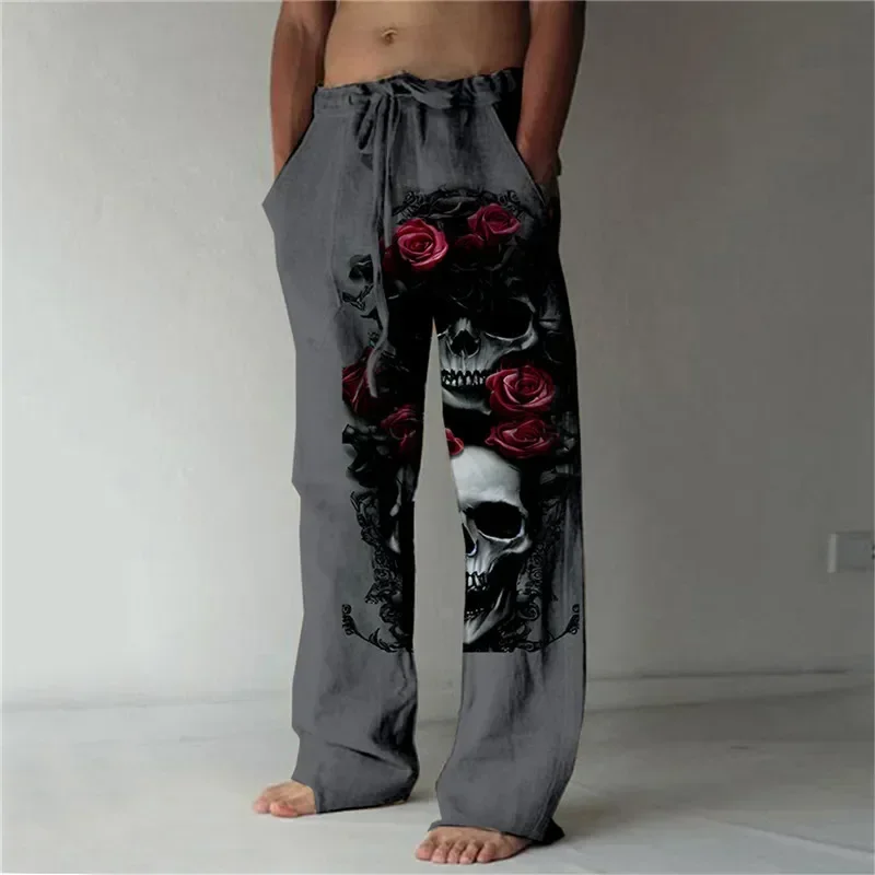 2024 handsome skull print men's casual pants comfortable breathable bamboo linen material fashionable casual pants daily