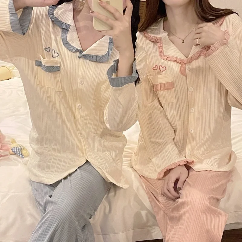 Pajama Sets Women Sweet Lacework Students Ulzzang Sleepwear Loose Long Sleeve Cozy Lovely Pajamas Ruffles Japanese Style Stylish