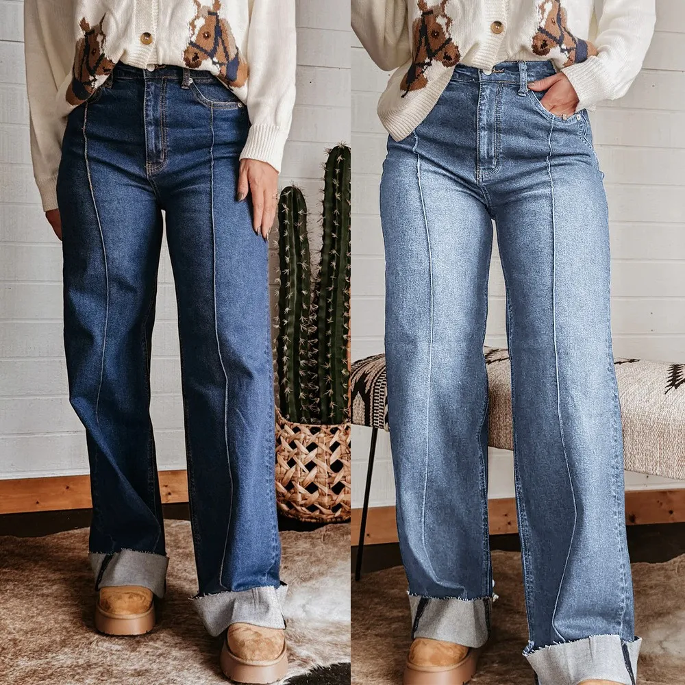 High Waist Jeans Wide Leg Full Length Wash with Retro Wash High Stretch Regular Thickness Western Streetwear Autumn Women Pants