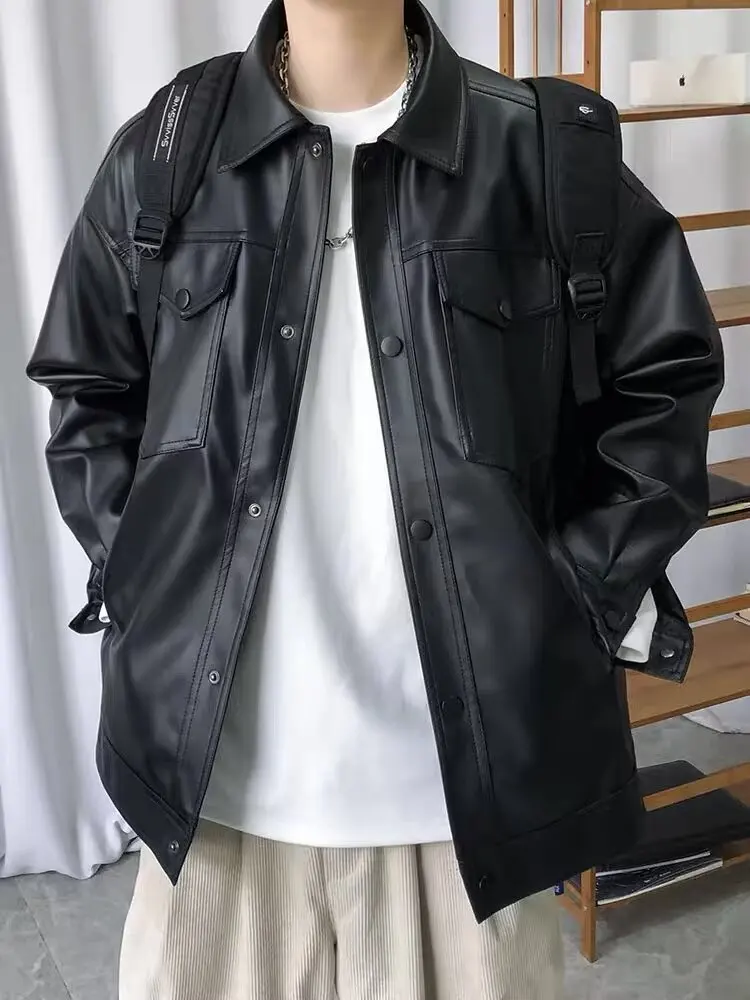 

Мужская куртка из искусственной кожи в американском стиле, свободного кроя, весенне-осенняя, модная, в стиле рабочей одежды, с множеством карманов, с длинными рукавами, молодежная, повседневная, модная