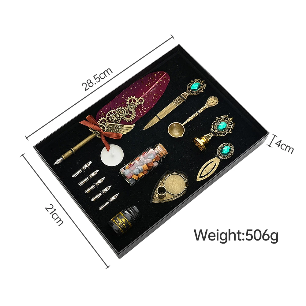 Vintage Feather Pen and Ink Set Fancy Metal Quill Pen with Gear Decorative with Pen Stand Base/10ml Ink/ Wax Beads/Nibs for Kids