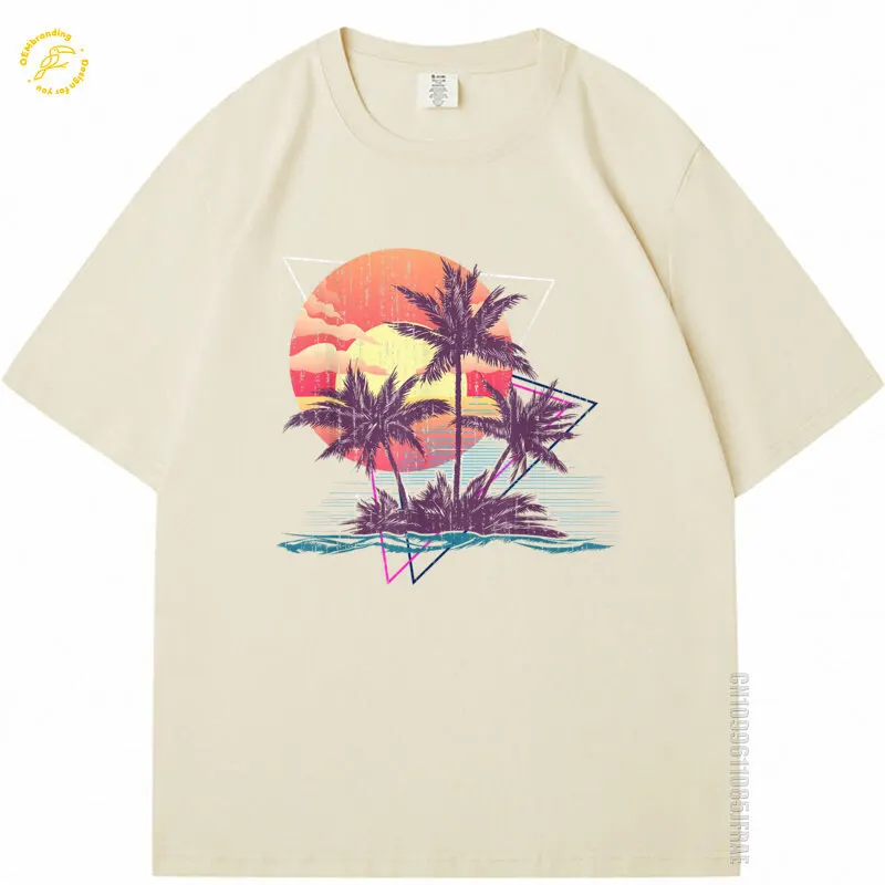 

Retro Palm Trees Beach Cotton Tshirt Man Sunset Tropical Summer Oversized T-Shirt Men T Shirt Футболка Оверсайз Y2K Short Sleeve