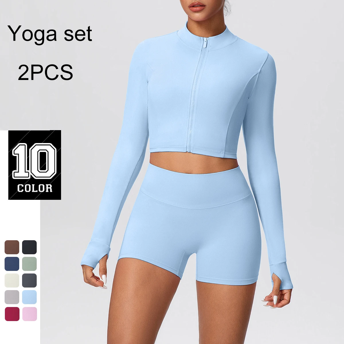 

Женский комплект для йоги в тренажерном зале, дышащий топ для тренировок, йога на молнии с длинными рукавами, однотонные быстросохнущие шорты для фитнеса, спортивный костюм для йоги