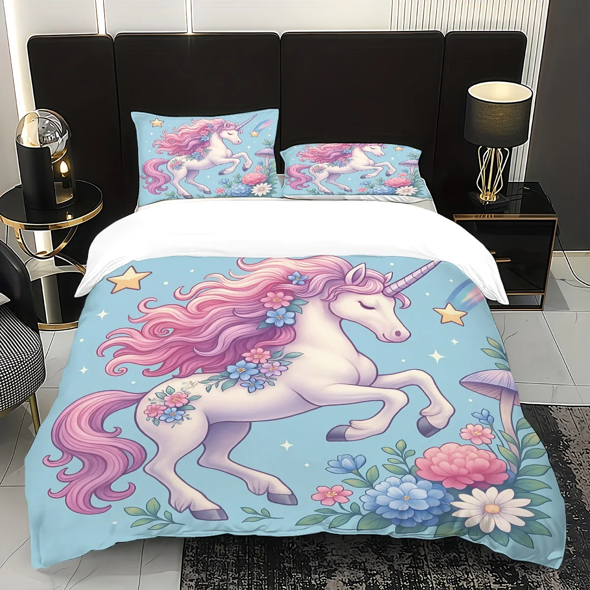 3-piece set of dreamy unicorn print, 1 down duvet cover+2 pillowcases, no core. Soft and comfortable, machine washable
