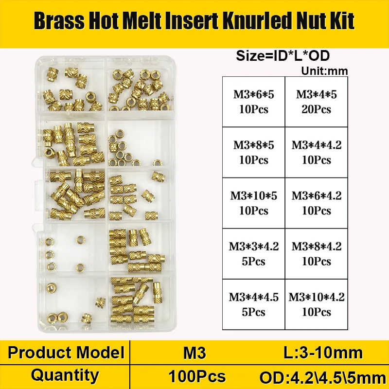 Brass Threaded Insert Nut Kit M2 M2.5 M3 M4 M5 M6 M8 Hot Melt Heat Knurled Embed Injection Copper Insertnut for 3D Print Plastic