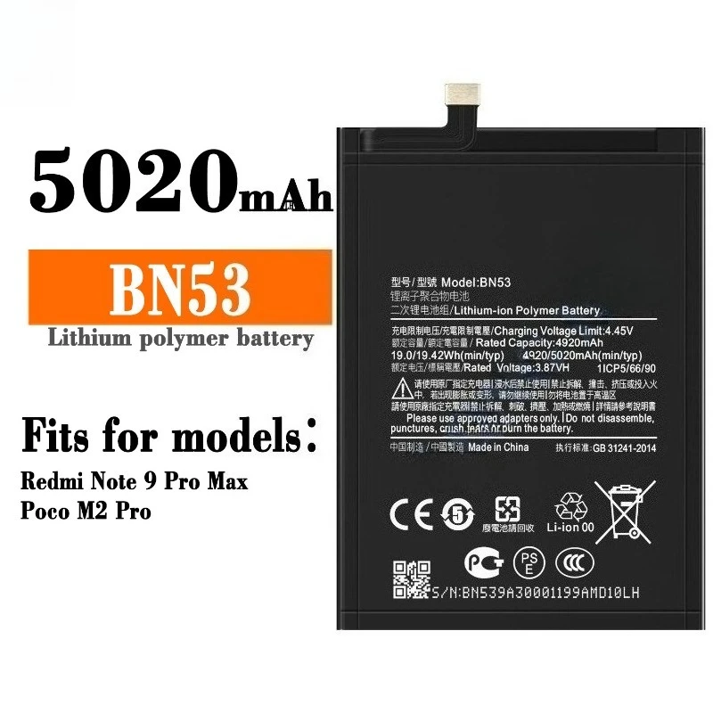 5020mAh BN53 Battery for Xiaomi Redmi Note 10 Pro Global / Note 9 Pro Global PocoM2 Pro Replacement Batteries +Tools