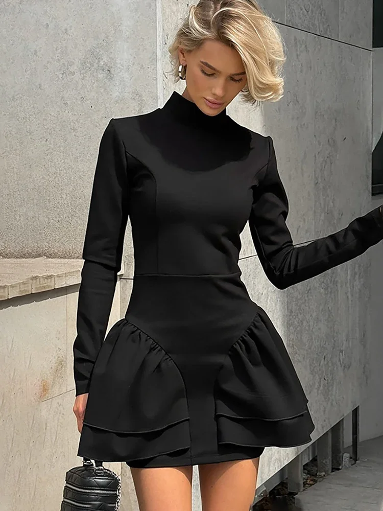 

Trendix Black Elegant Dress Women Long Sleeve High Waist Patchwork Ruffle Mini Dress Autumn Winter Fashion Slim Party Dresses