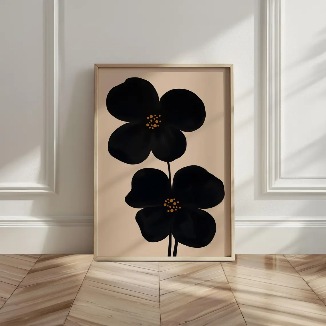 Moody Wall Art Black Floral Print, Oversized Flower Print Abstract Mid Century Framed Print, Minimal Japandi Black & Beige Flowe image 6