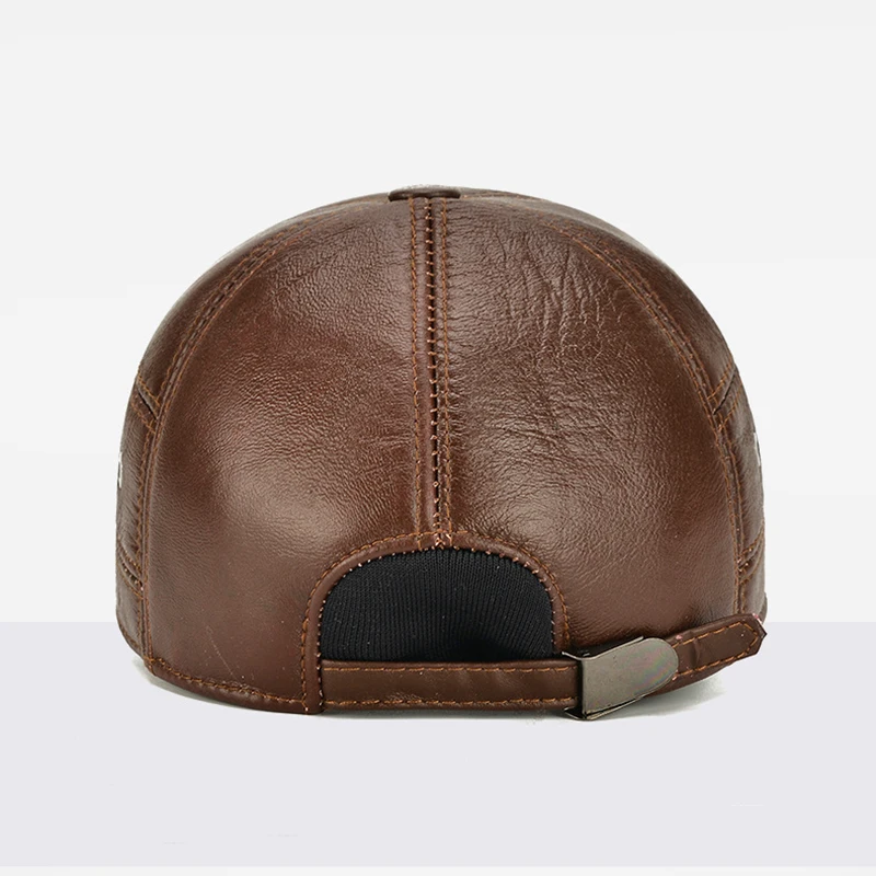 2024 New Style Men Cowhide Hat Winter Warm Outdoor Protect Ear Real Leather Adjustable Baseball Cap Men Real Cowhide Leather Cap