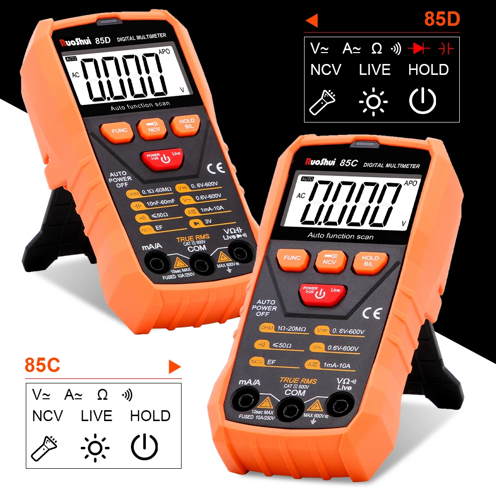 RuoShui 85C 85D High-Precision Multimeter True RMS Auto Recognition HD Large Screen LCD Testing Meter NCV Non-Contact Tester