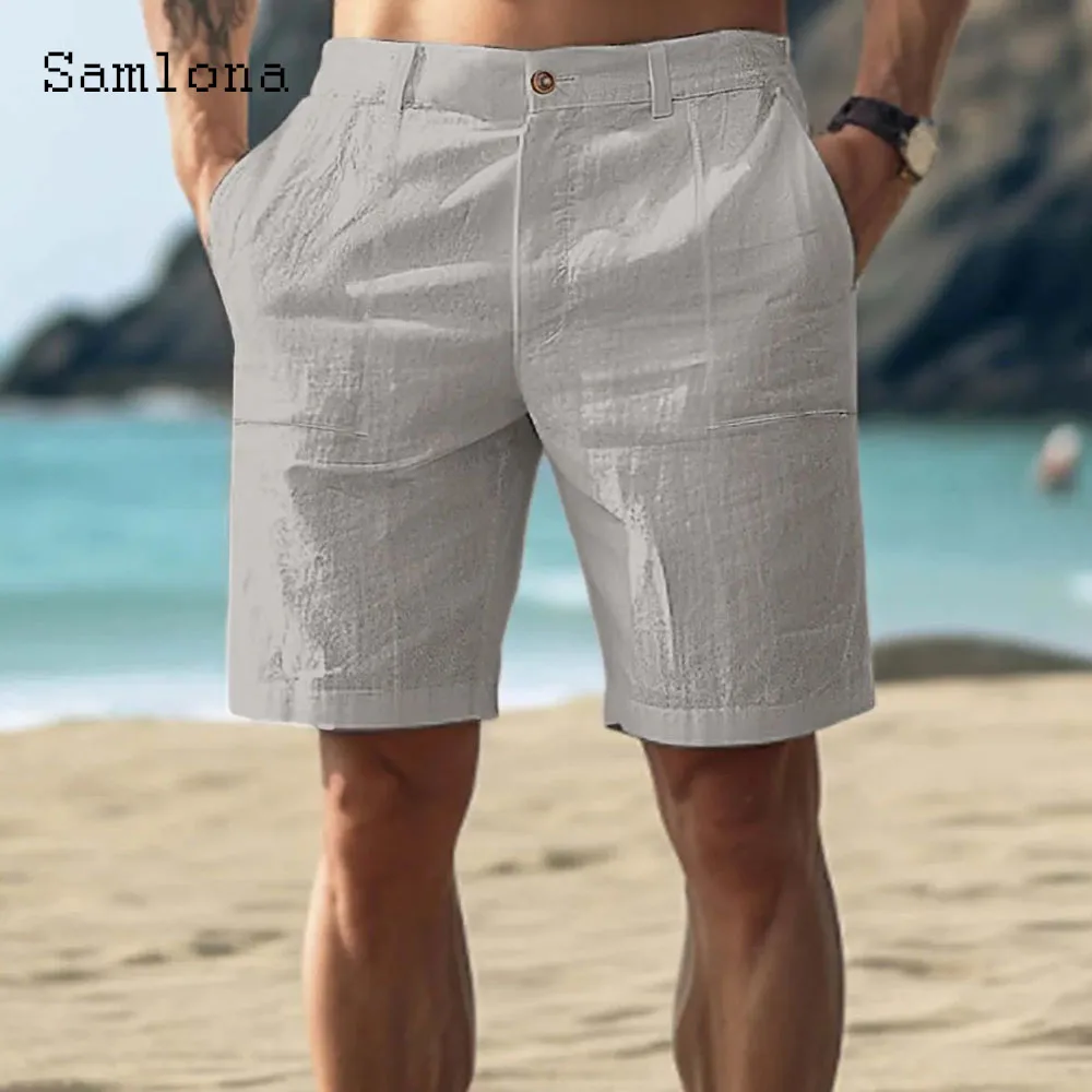 Samlona Mens Vintage Stand Pocket Cotton Linen Shorts Male Casual Beach Short Pants Solid White Khaki Button Fly Hotpants New