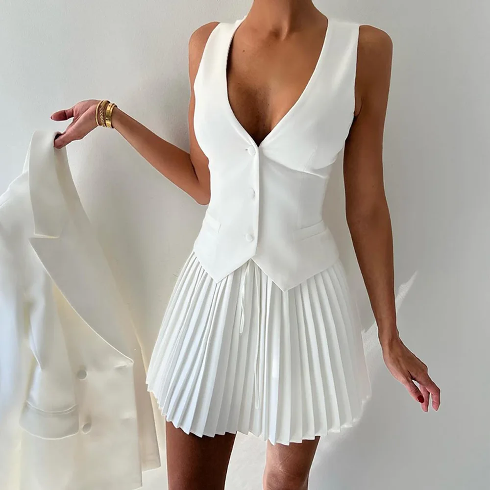 

Temperament Elegant Fashion kirt Two Piece Sets Women New Slim Set V-neck Tight Vest Mini Pleated Skirt Sexy Street Women's Sets