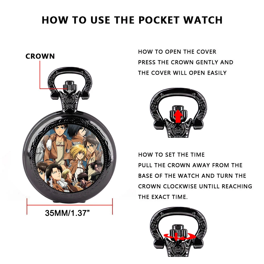 Anime Vintage Pocket Watch Attack Glass Dome Quartz Pocket Watch FOB Chain Clock Pendant Necklace Watch for Men Women Gift