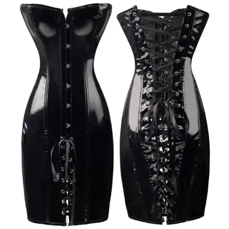 Gotico Sexy Glanzend Lang Leer Wetlook Off spalla aderente Jurk Pvc Latex corsetto Dress Party Night Club Vestidos