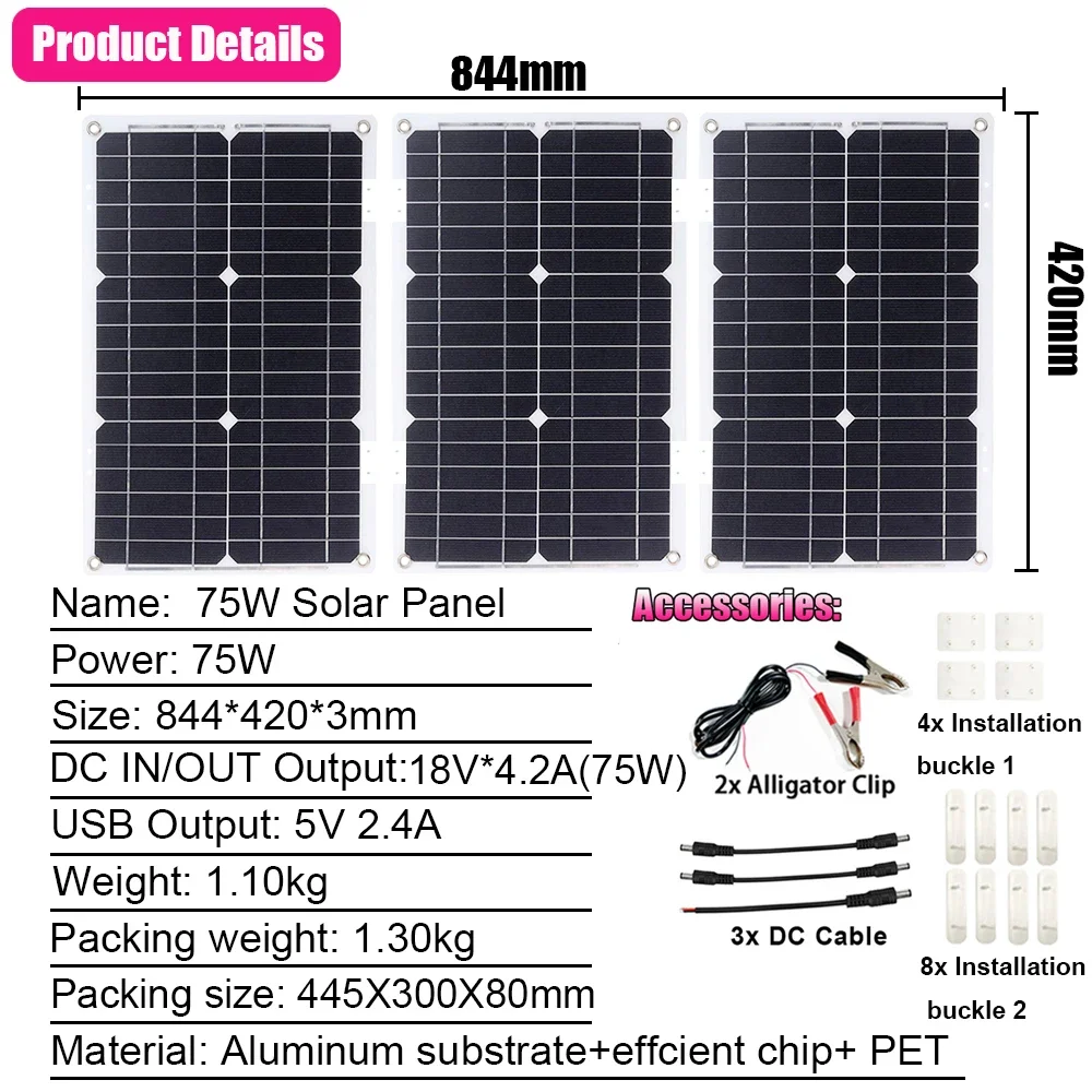 75W 18V Monocrystalline Solar Panel, 6 USB Charging Ports, Semi-Flexible Solar Battery Panel for Outdoor Power, Solar Energy