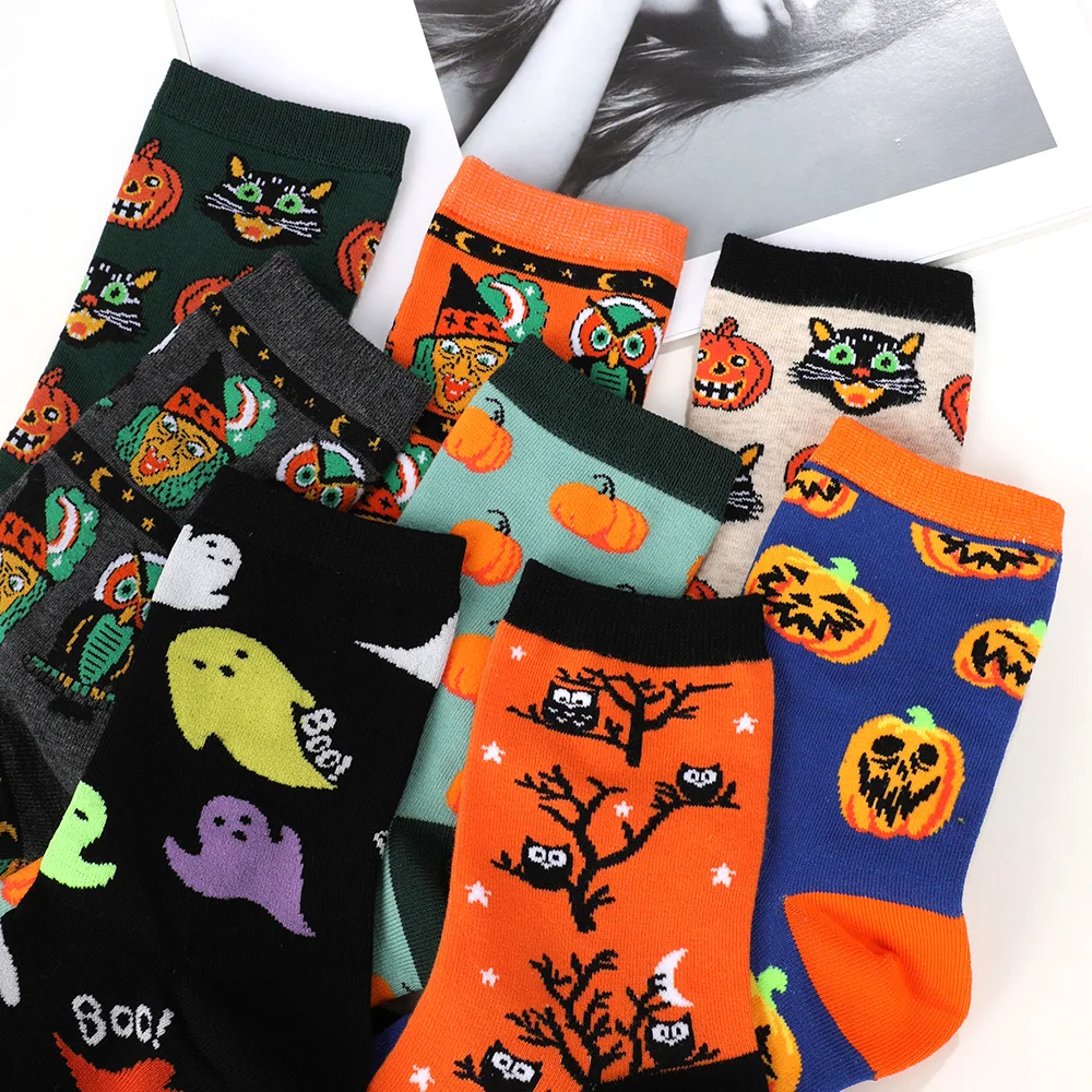 Calcetines de algodón con estampado de calabaza para mujer, medias de tubo medio, divertidas y creativas, cálidas para Halloween e invierno, regalos Unisex