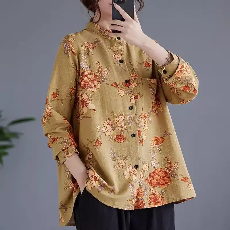 Shirt Women's Spring And Autumn 2024 New Printed Mid Length Long Sleeve Fashionable Loose Versatile Tops Z4871