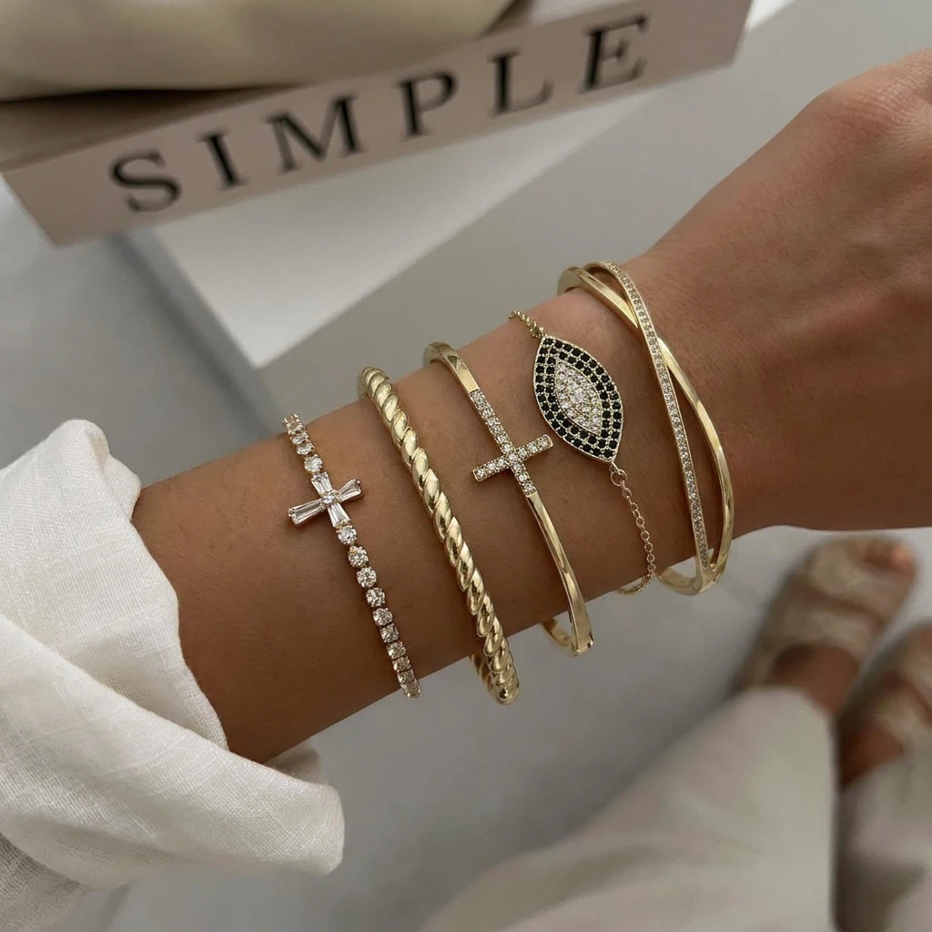 Elegant Micro Pave Zircon Cross Bangle Bracelet Set for Women Classic Statement Cuff Bracelet Everyday Chic Jewelry Gifts