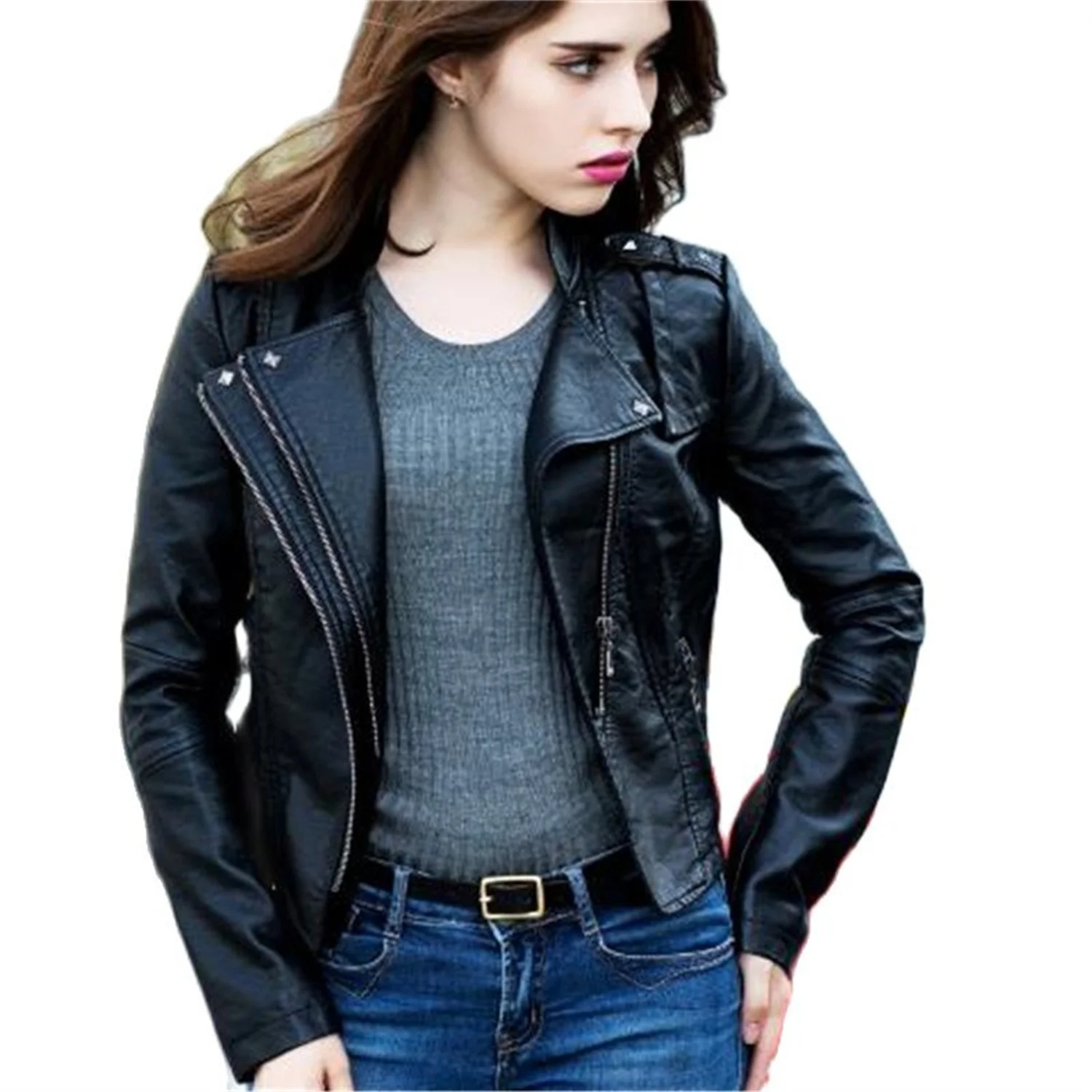 New Fashion Pu Biker Women Autumn Coat Leather Jackets For Turn-Down Collar Zipper Casual Moto Jacket Veste