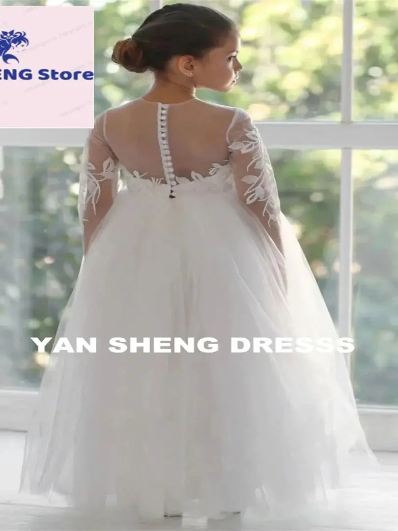 Maßgeschneiderte langärmlige weiße Tüllapplikationen Blumenmädchenkleider für Hochzeit, Geburtstag, Abschlussball, Bankett, Heilige Kommunion