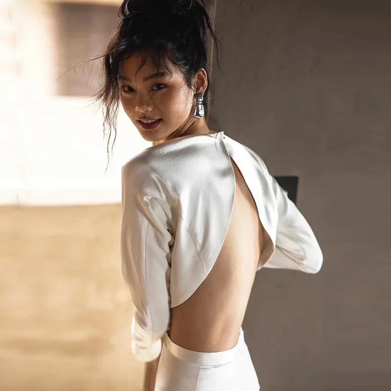 هيبورن نمط أنيق سليم صالح حورية البحر التخسيس عارية الذراعين بسيط قطار الاستقبال ثوب الساتان