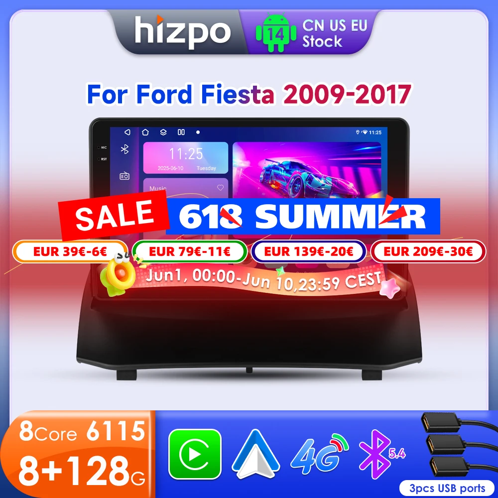 Hizpo 9 Inch Car Radio for Ford Fiesta 2009 - 2017 2din Android Multimedia Video Player GPS Navi Wireless Carplay Auto Screen