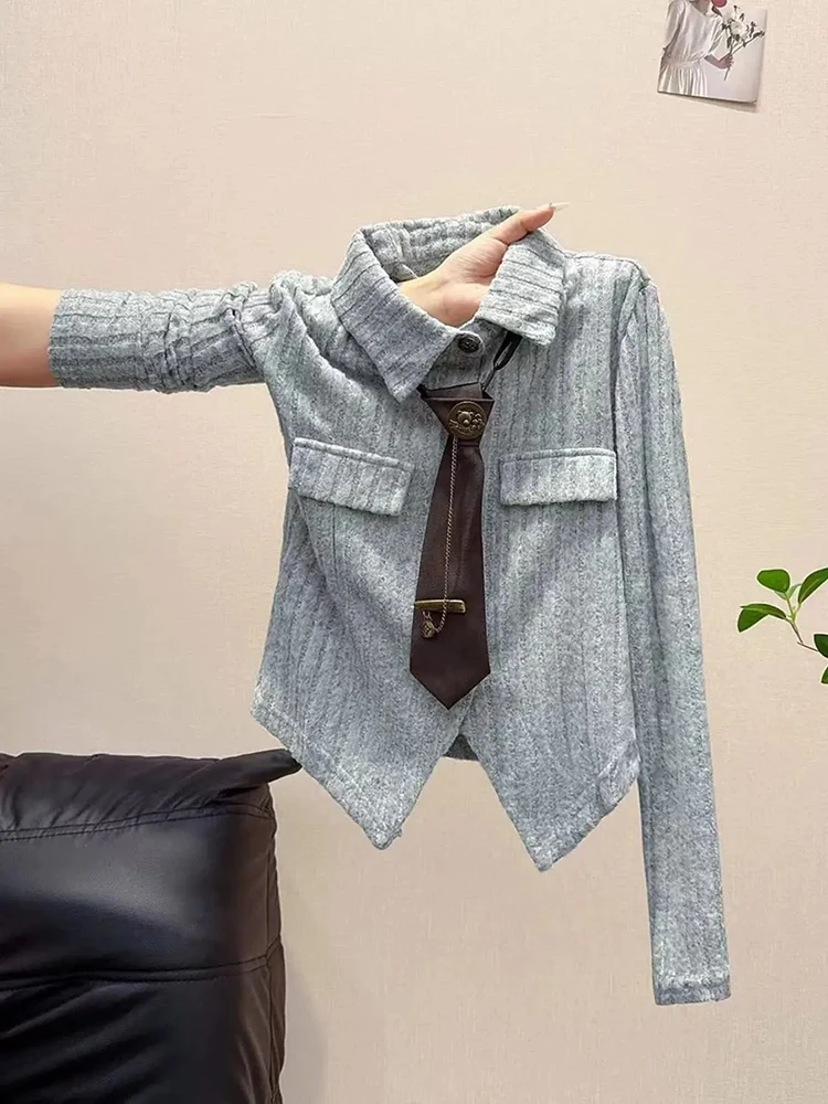 

Серая трикотажная рубашка с поясом, осенние тонкие однобортные укороченные топы с лацканами Y2K, корейская шикарная уличная блузка с длинными рукавами Mujer