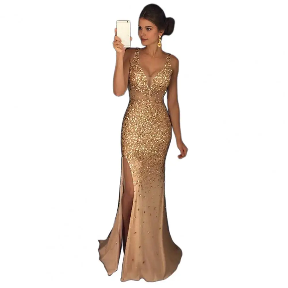 

V-neck Dress Elegant Sequin Mermaid Evening Dress with V Neck Mesh Patchwork for Prom Banquet or Bride Slim Fit Maxi Gown