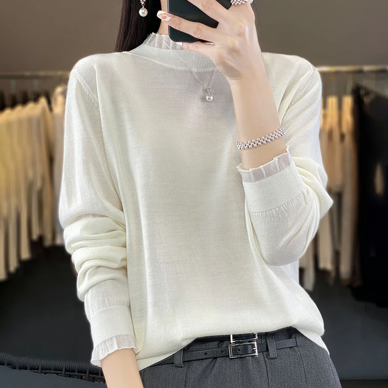 

23 Fall New Woolen Sweater Women's Round Neck Long Sleeve Pullover Worsted Wool High-Grade Lace Stitching Loose Temperament Base