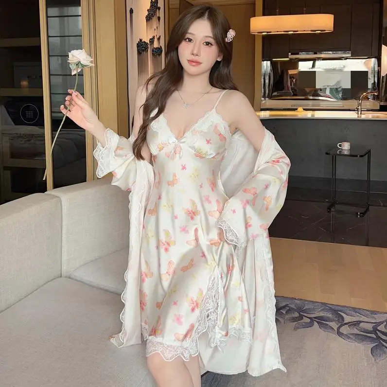 Female Nighty&Robe Set Women Rayon Bathrobe Gown Suit Lace Kimono Nightgown Lingerie Summer Two Piece Sleepwear Loungewear