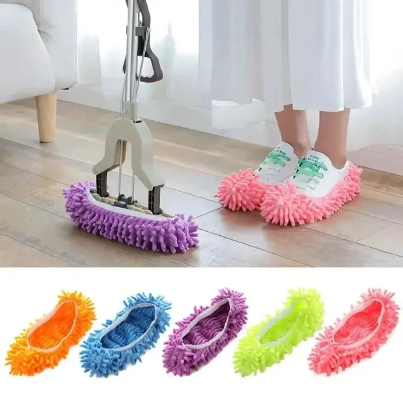 2 Pcs Chenille Mopping Shoes Colorful Household Cleaning Floor Dust Slippers Absorbent Cloth for Home Use