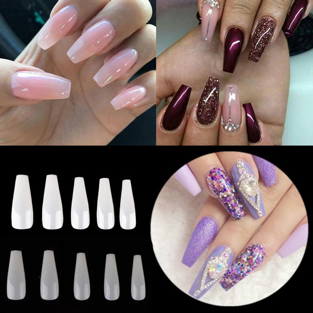 

500 Pcs Long False Nails Full Cover Coffin Tips Curved Ballerina DIY Fake Nail Sticker Beauty Tool Nail Art Accessory