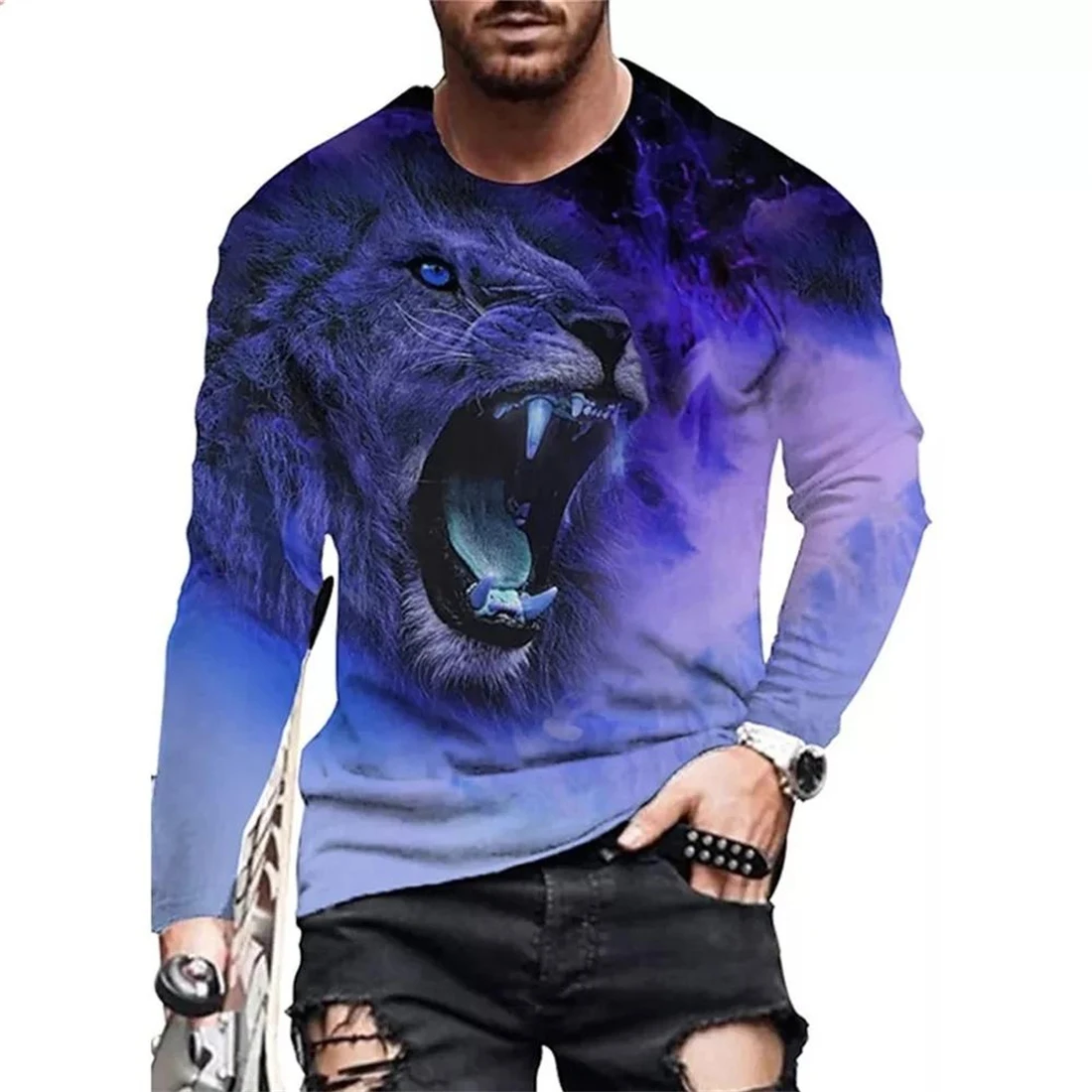 

Модная футболка с 3d животным принтом, уличная свободная мужская повседневная футболка с длинным рукавом и абстрактным рисунком льва, мужская уличная футболка, весна-осень