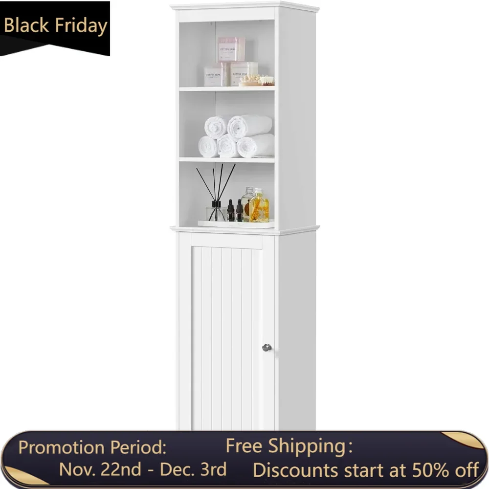 Bathroom storage cabinet, tall and ultra-thin cabinet with 3 shelves and doors, floor independent bathroom linen cabinet