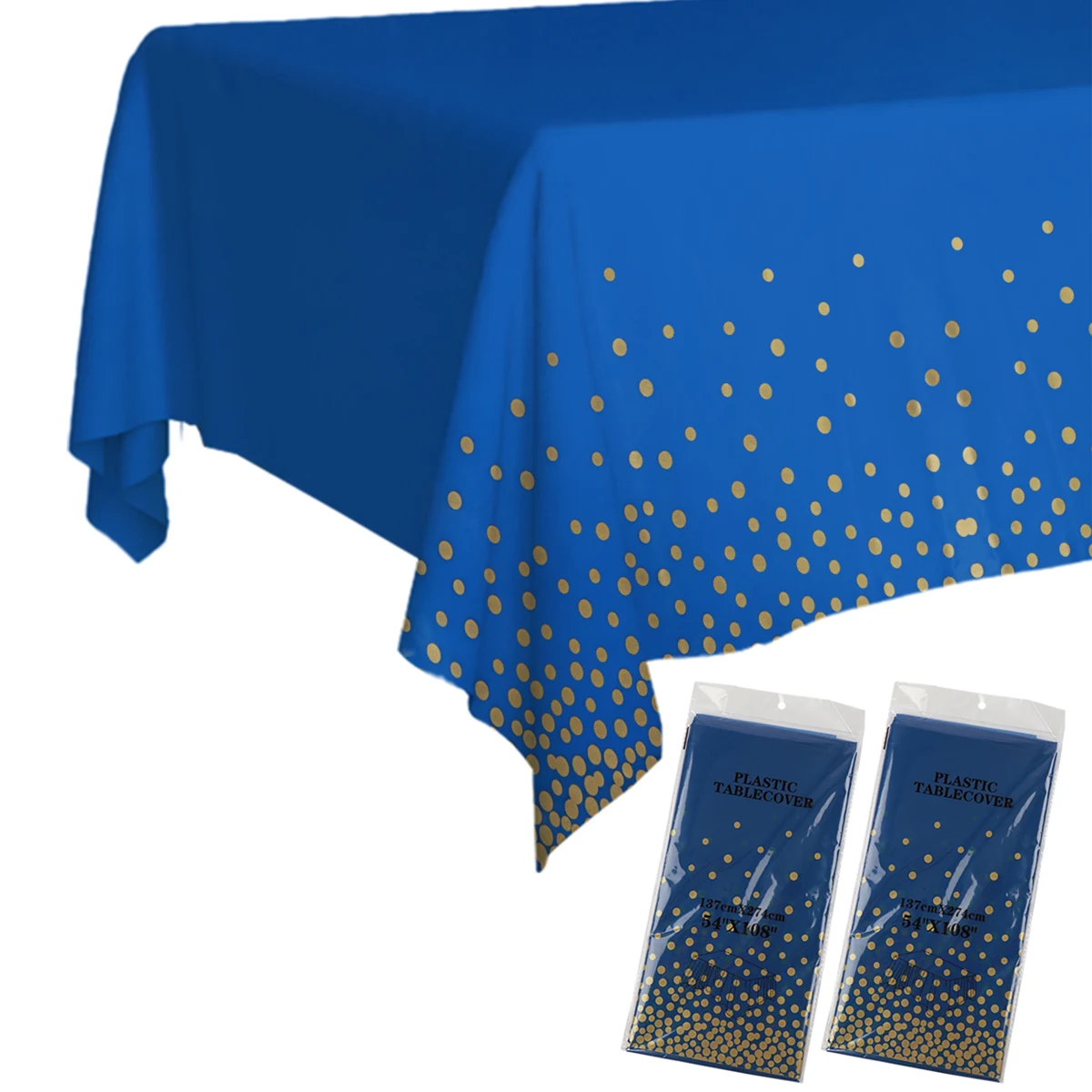 

2pcs 137x274cm Blue Gold Dot Rectangle Disposable Waterproof Party Tablecloth for Birthday Wedding Home Decoration Table Cover