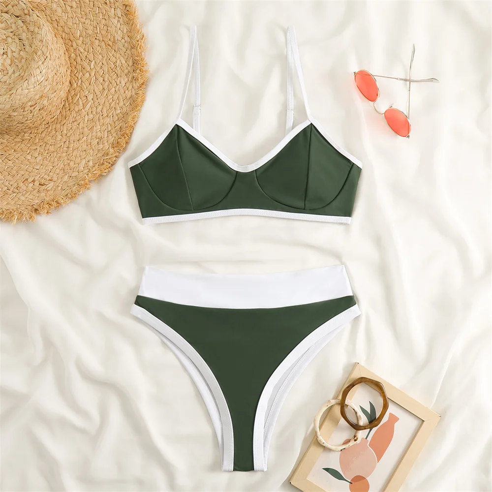 

High Waist Sling Bikini Border Swimsuit Patchwork Tangas Women Vacation Swimwear Y2K Brazil Beach Outfit Bathing Suits Sexys Set