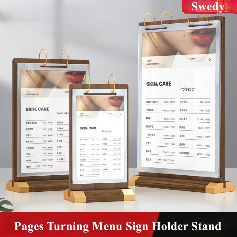 A5 148X210MM Page Turning Acrylic Sign Holder Display Stand Wooden Flyer Document Poster Frame Menu Paper Holder Stand