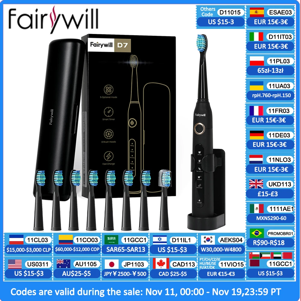 

Fairywill FW-507 Звуковая электрическая зубная щетка 5 режимов USB-зарядное устройство Зубные щетки Сменный таймер Звуковая зубная щетка 8 насадок