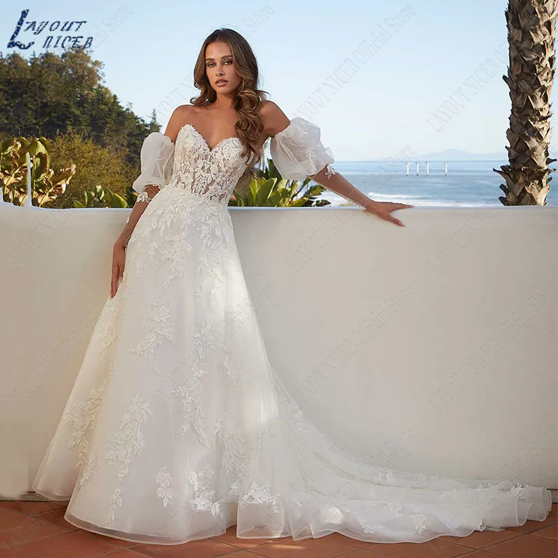 LAYOUT NICEB Wedding Dresses For Woman Beach Luxury Removable Sleeves A Line Lace Bridal Gown Strapless Bride Vestidos De Novia