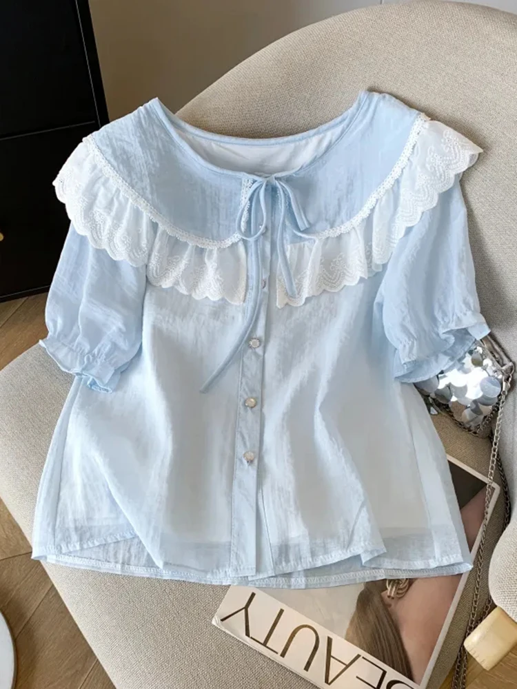 

Peter Pan Collar Sweet Shirt Women Fashion Kawaii Lace Patchwork Puffy Sleeve Blouse Summer Casual Elegant Female Chic Tops New