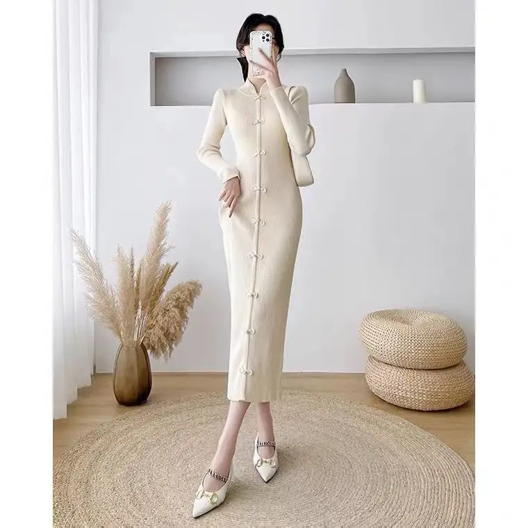 

Solid Casual Knitted Elegant Dress Autumn Winter Women Large Size Loose V-Neck Long Sweater Clothing Vestidos H52