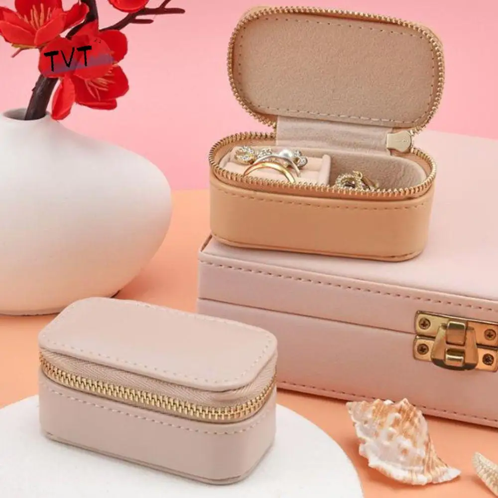 Vintage Mini Portable Jewelry Box Square Zipper Necklace Ring Case Jewelry Display Case PU Leather Earring Organizer Women